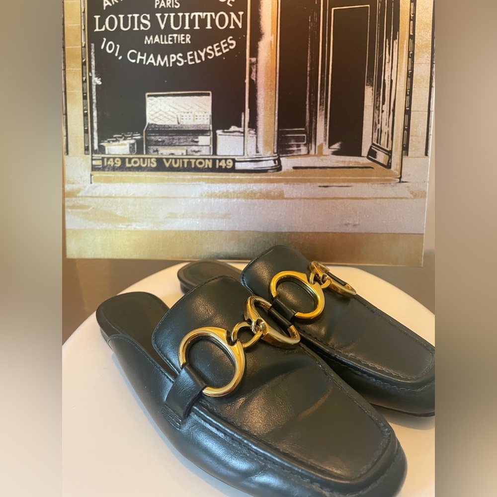Dark olive green  Leather Loafers with Gold Buckle GG slippers Mules horsebit